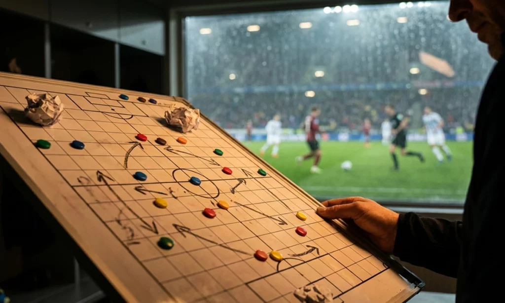 Тактическая схема футбольного матча с фишками для анализа игры и стратегии ставок в 1xBet