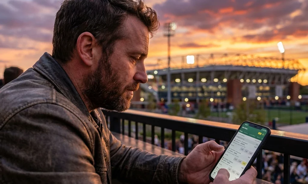 Болельщик использует мобильное приложение 1xBet на фоне футбольной арены во время заката